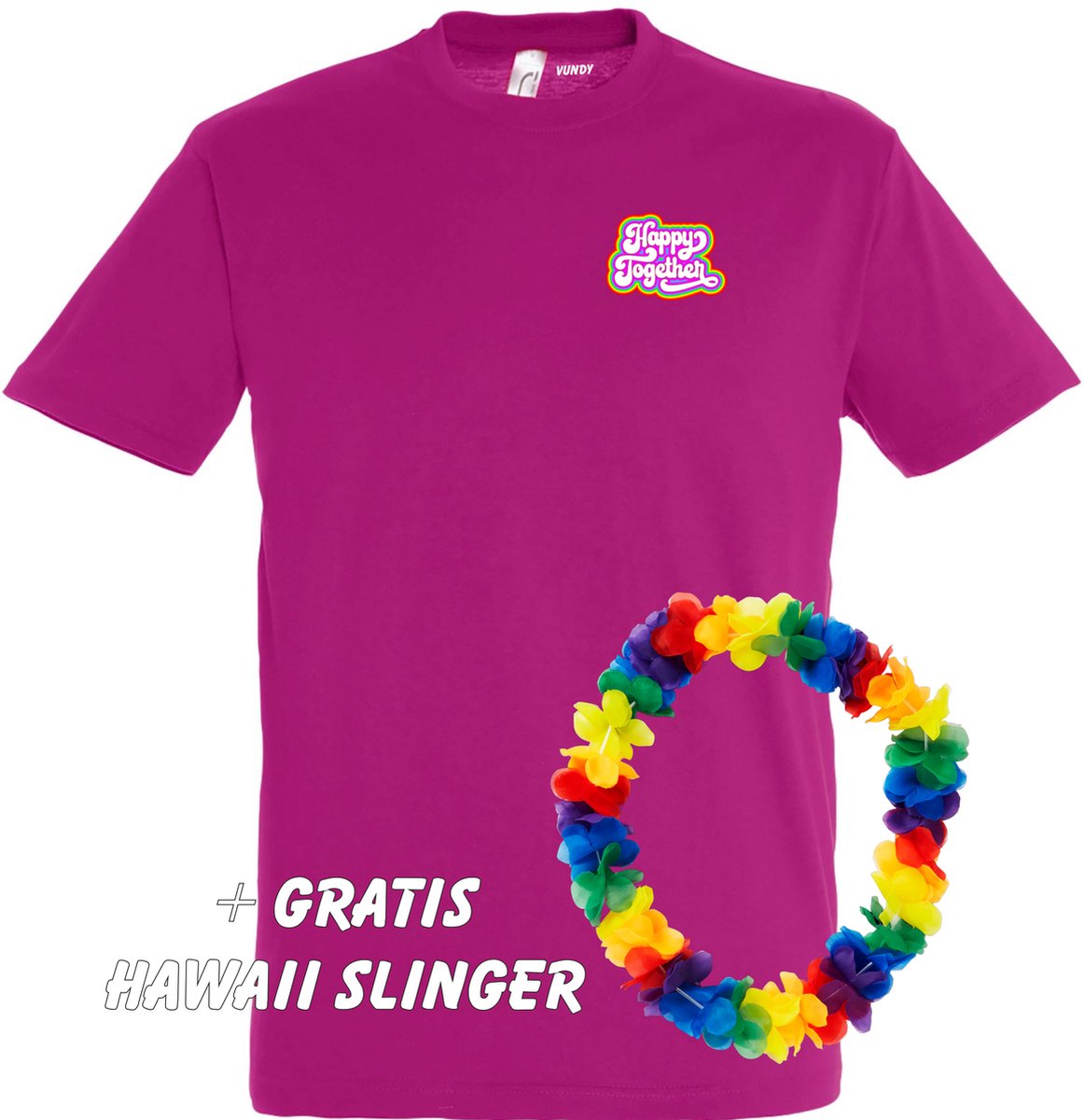 T-shirt Happy Together Regenboog klein | Toppers in Concert 2022 | Toppers kleding shirt | Flower Power | Hippie Jaren 60 | Fuchsia | maat 4XL